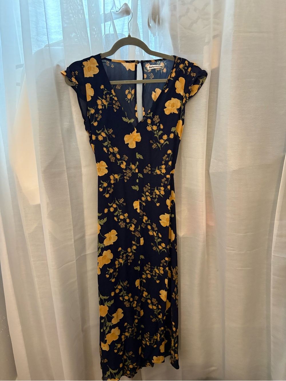 Reformation Navy Midi Dress with Yellow Floral Print